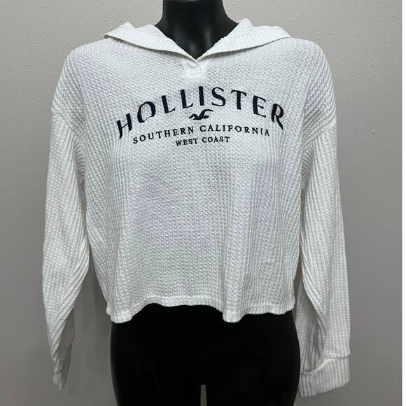 Hollister Tops - Hollister Cropped Waffle Knit Hoodie Sz XL Blue Embroidered